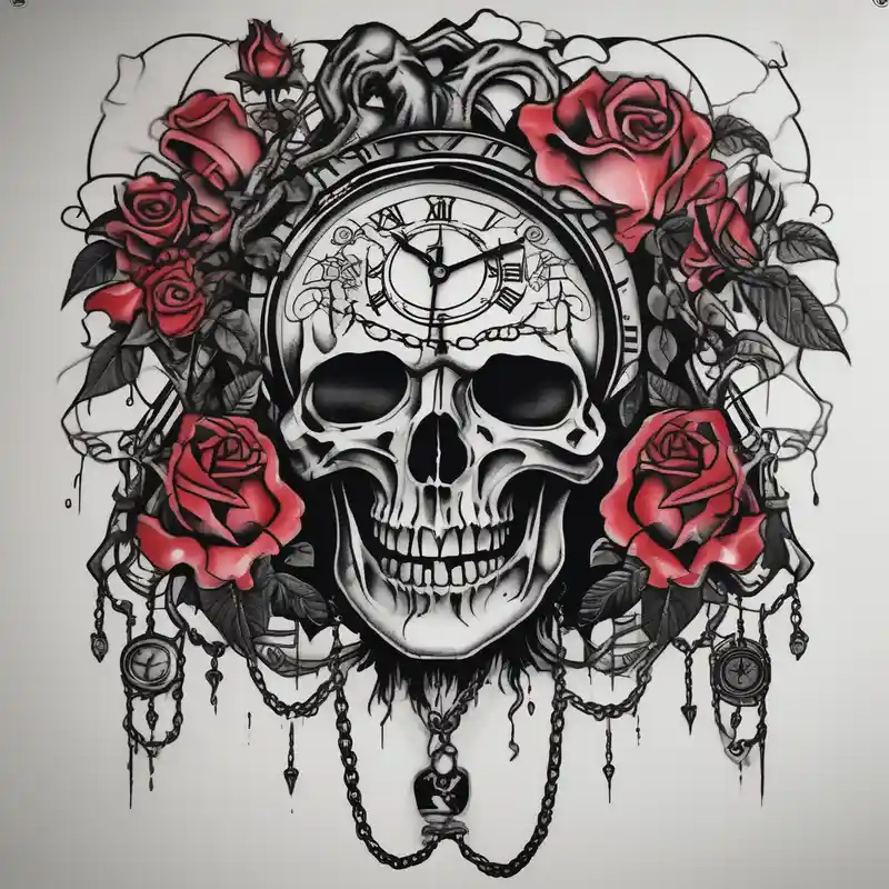 tattoo fool sleeve, tree roots break out of the chains, broken mask, clock with flying numbers, girl and skull, roses english